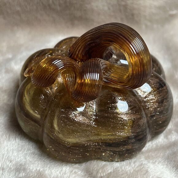 Small Hand Blown Art Glass Pumpkin 4" Wide Brown With Sparkly Swirls Curly Stem - Picture 1 of 5